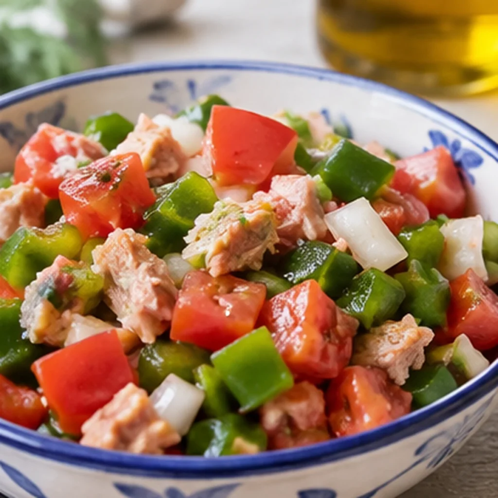 Pipirrana andaluza con tomate, pimiento verde, cebolla y atún