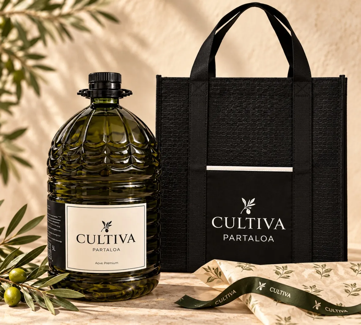 Bidon de 5 L d’huile CULTIVA Partaloa à côté de son sac noir
