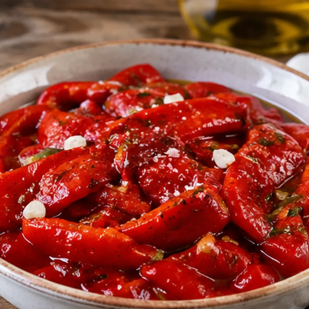 Pimientos rojos asados, aliñados con ajo y aceite de oliva virgen extra