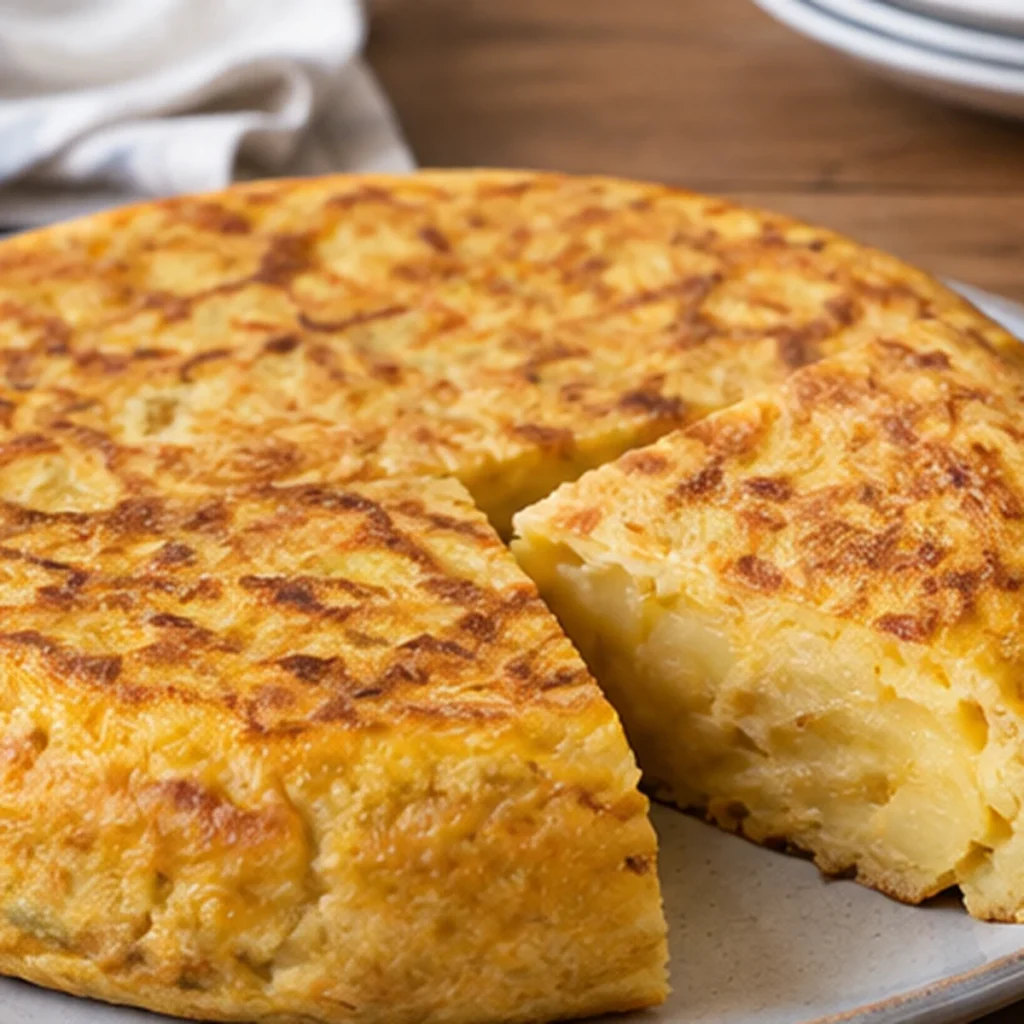 Tortilla de patatas jugosa, con una porción cortada